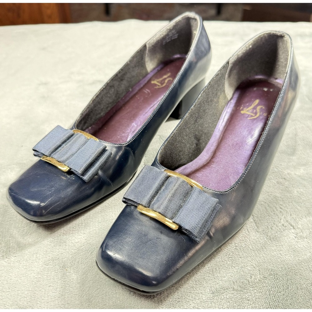 LifeStride Shoes Womens Size 9.5 Blue Faux Leather Bow Block Heel Pumps Dress